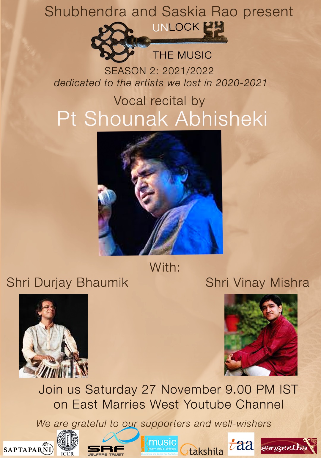 Virtual Live 'Unlock the Music' Baithak concert: Hindustani Vocal Concert by Pandit Shounak Abhisheki on 27 November 2021 at 1630 hrs CET